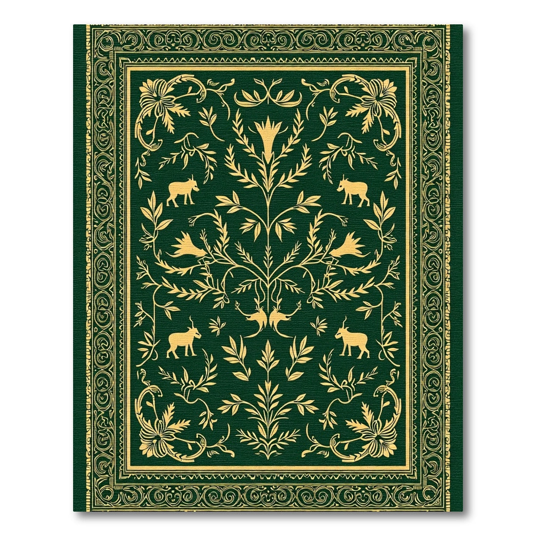 Golden Animals Green Floral Scroll Rug