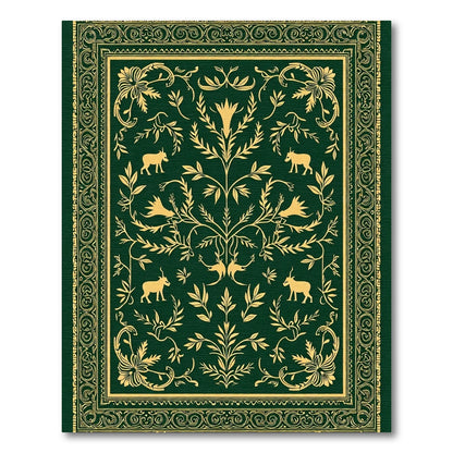 Golden Animals Green Floral Scroll Rug