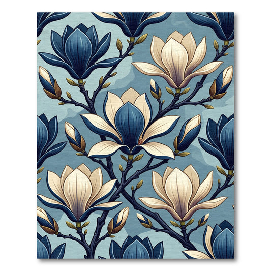 Navy and Cream Magnolia Blossom Floral Rug