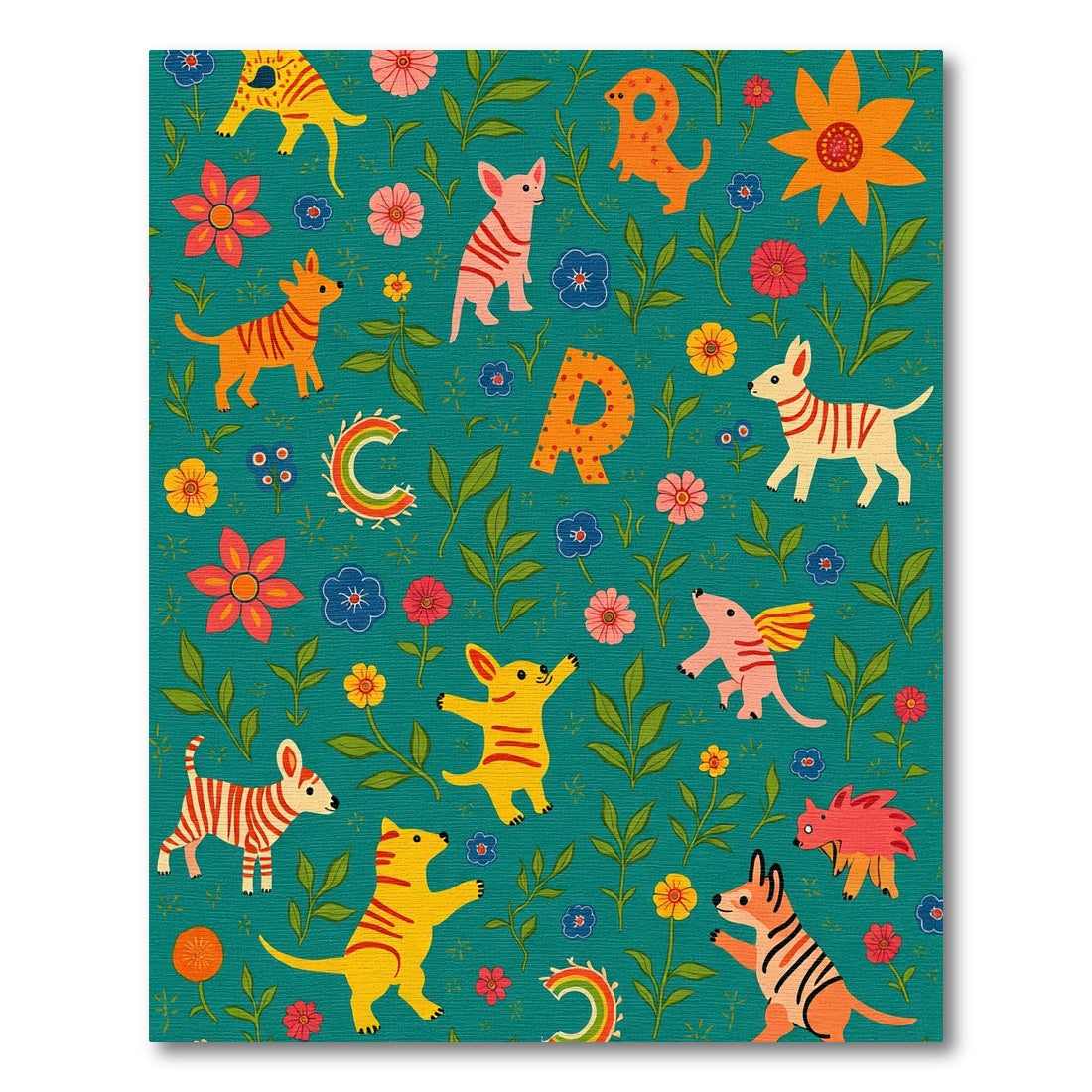 Whimsical Teal Animal and Floral Collage Rug