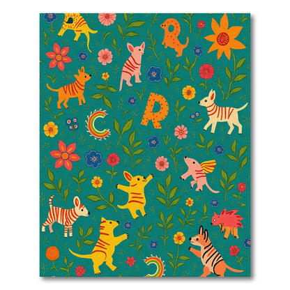 Whimsical Teal Animal and Floral Collage Rug