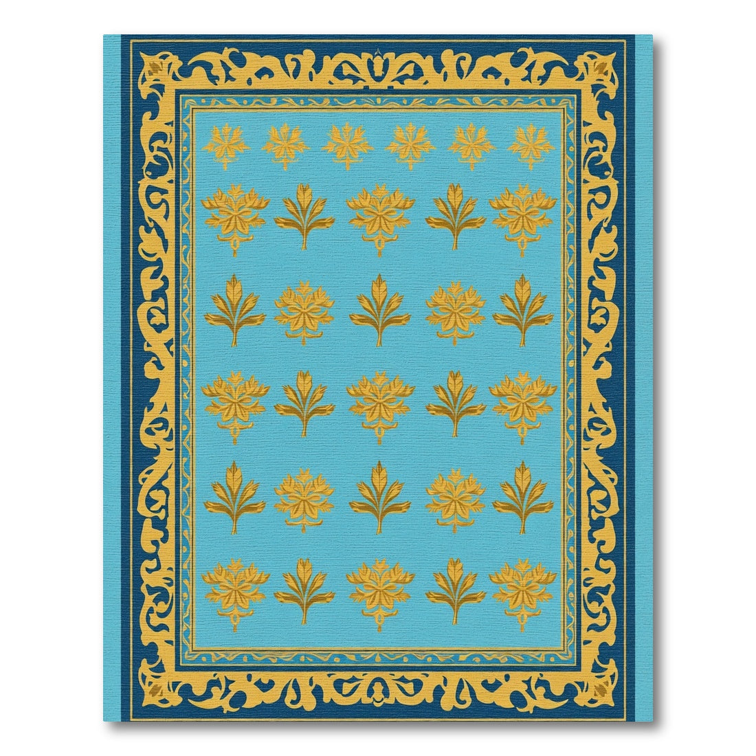 Aqua And Gold Floral Vine Border Rug