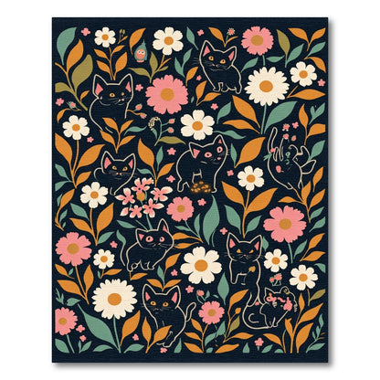 Black Cats And Blooms Floral Rug
