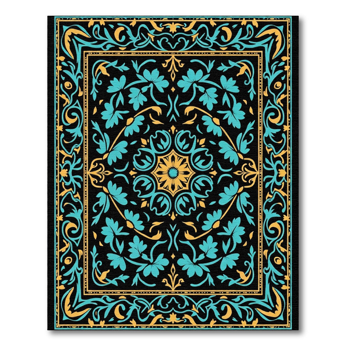 Black Teal Gold Floral Medallion Rug