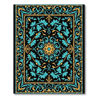 Black Teal Gold Floral Medallion Rug