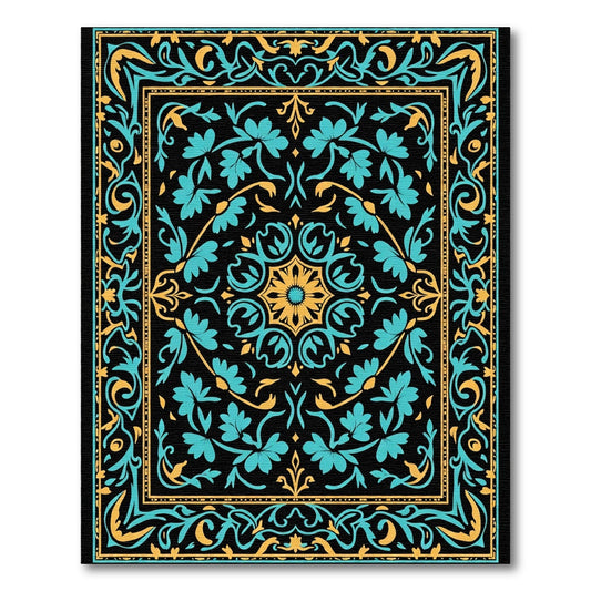 Black Teal Gold Floral Medallion Rug