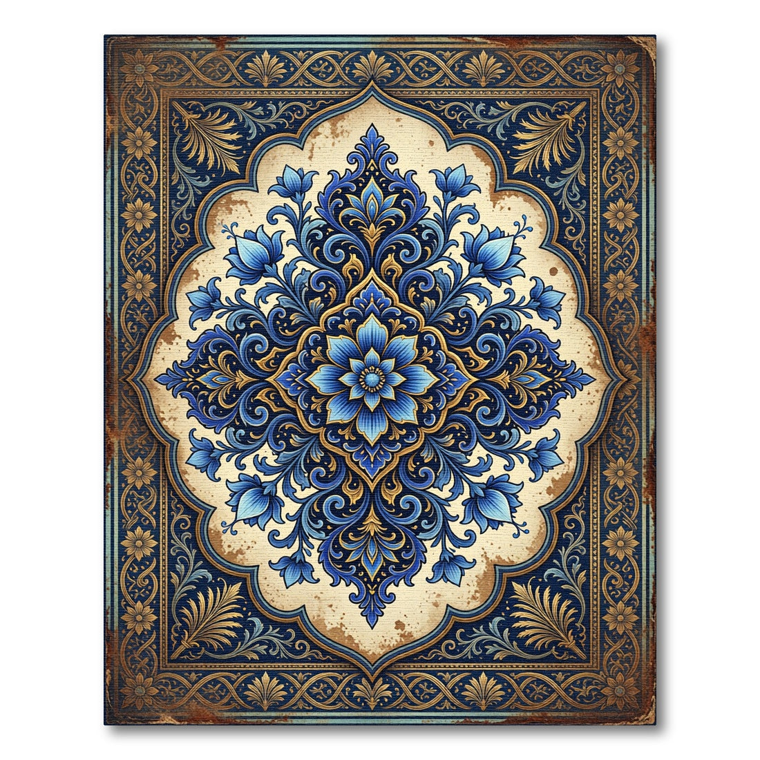 Ornate Indigo Floral Medallion Scroll Rug
