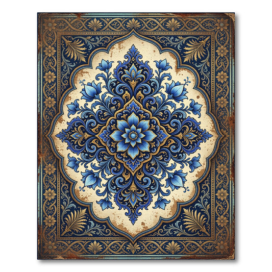 Ornate Indigo Floral Medallion Scroll Rug