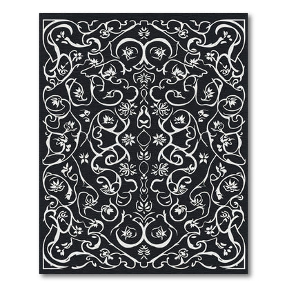 Black White Floral Swirl Damask Rug