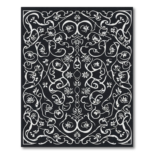 Black White Floral Swirl Damask Rug