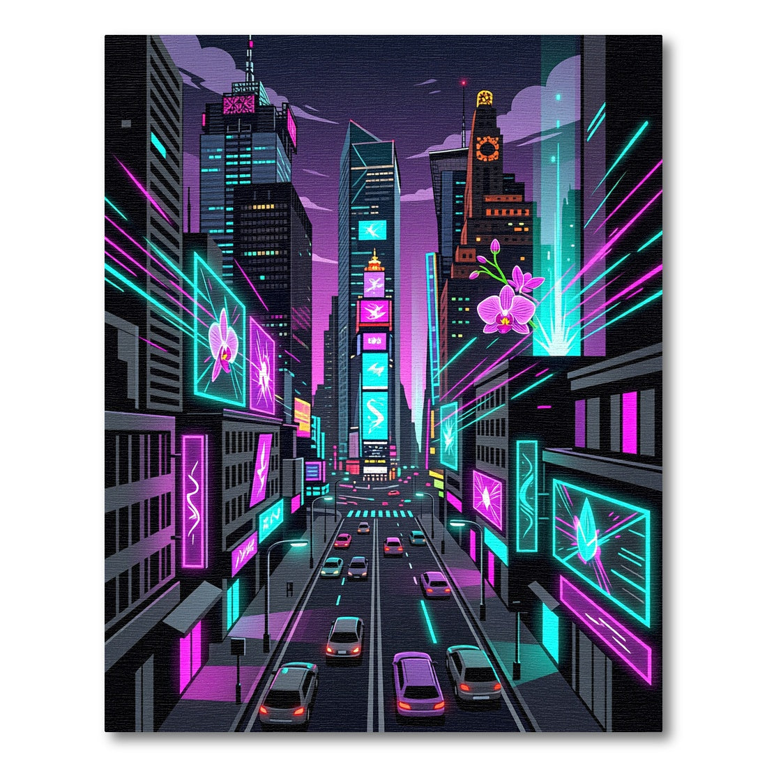 Neon Cyber Orchard Orchid Cityscape Rug