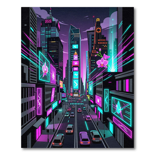 Neon Cyber Orchard Orchid Cityscape Rug