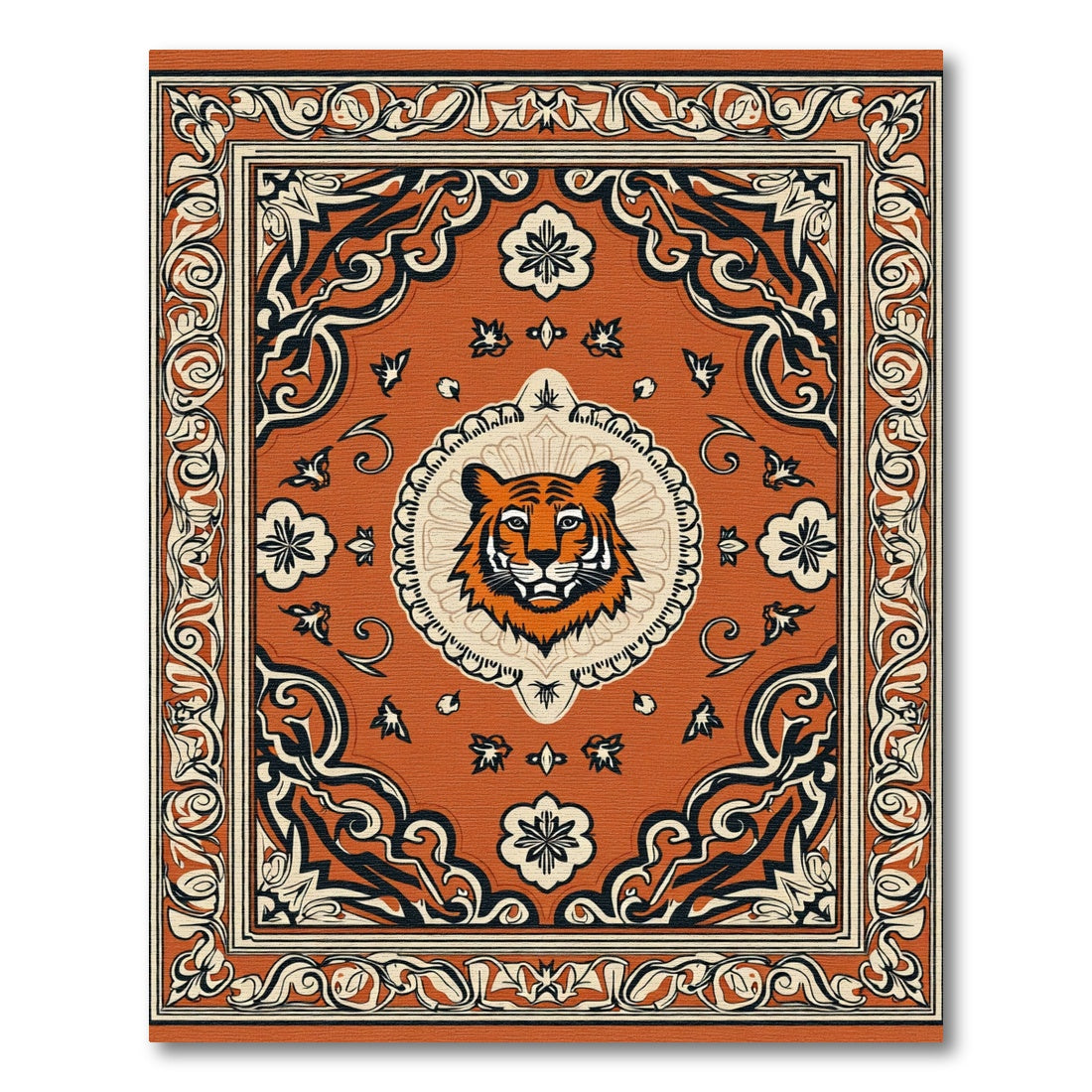 Orange Tiger Face Medallion Border Rug
