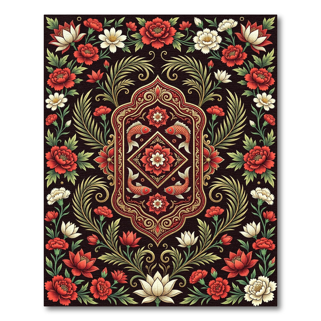 Onyx Floral Koi Carp Medallion Rug