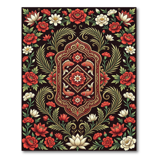 Onyx Floral Koi Carp Medallion Rug