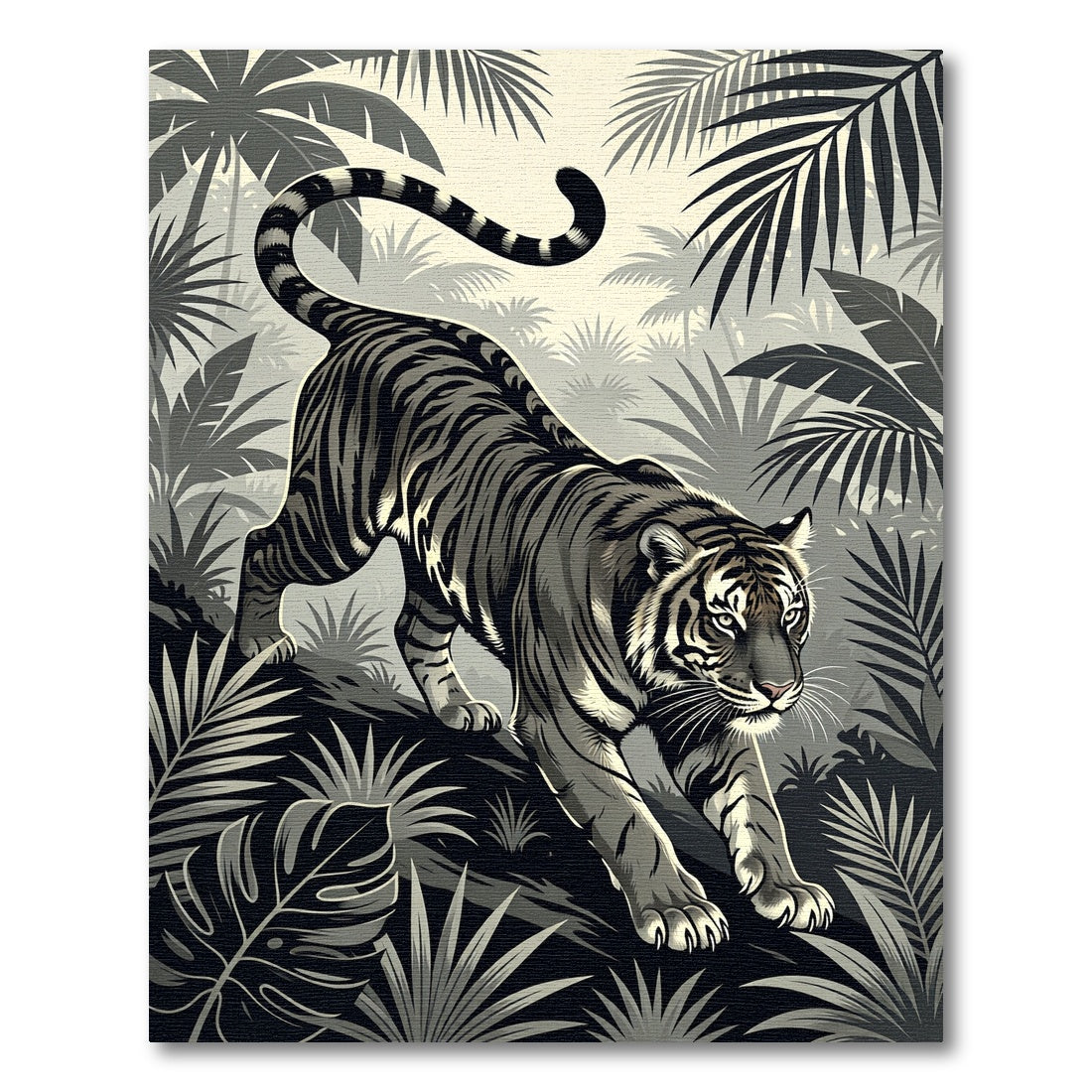 Monochromatic Jungle Tiger Tropical Foliage Rug