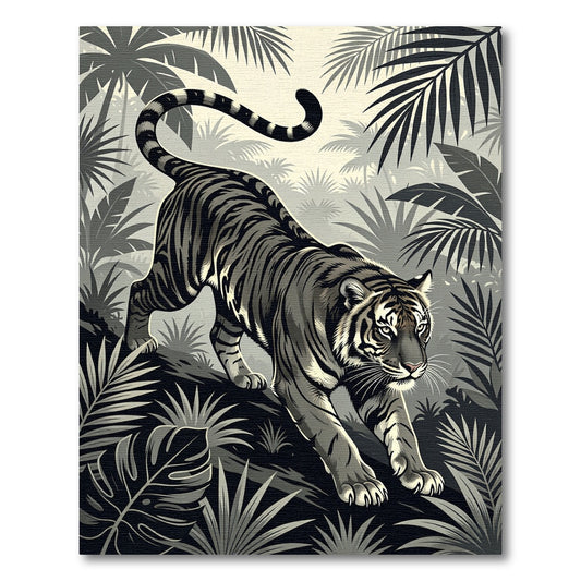 Monochromatic Jungle Tiger Tropical Foliage Rug