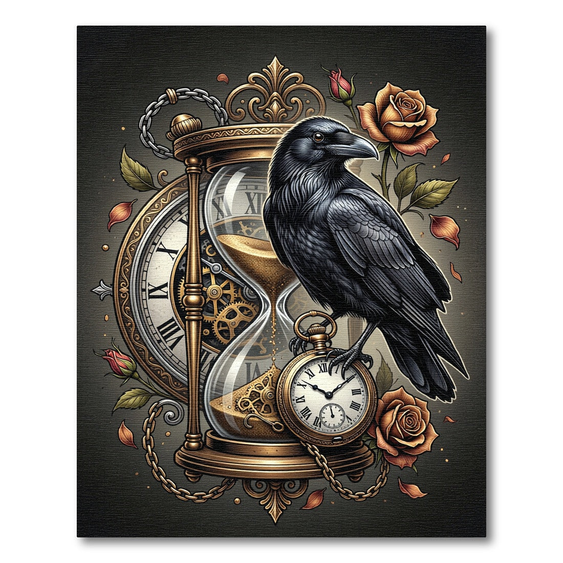 Gothic Raven Hourglass Golden Floral Art Rug
