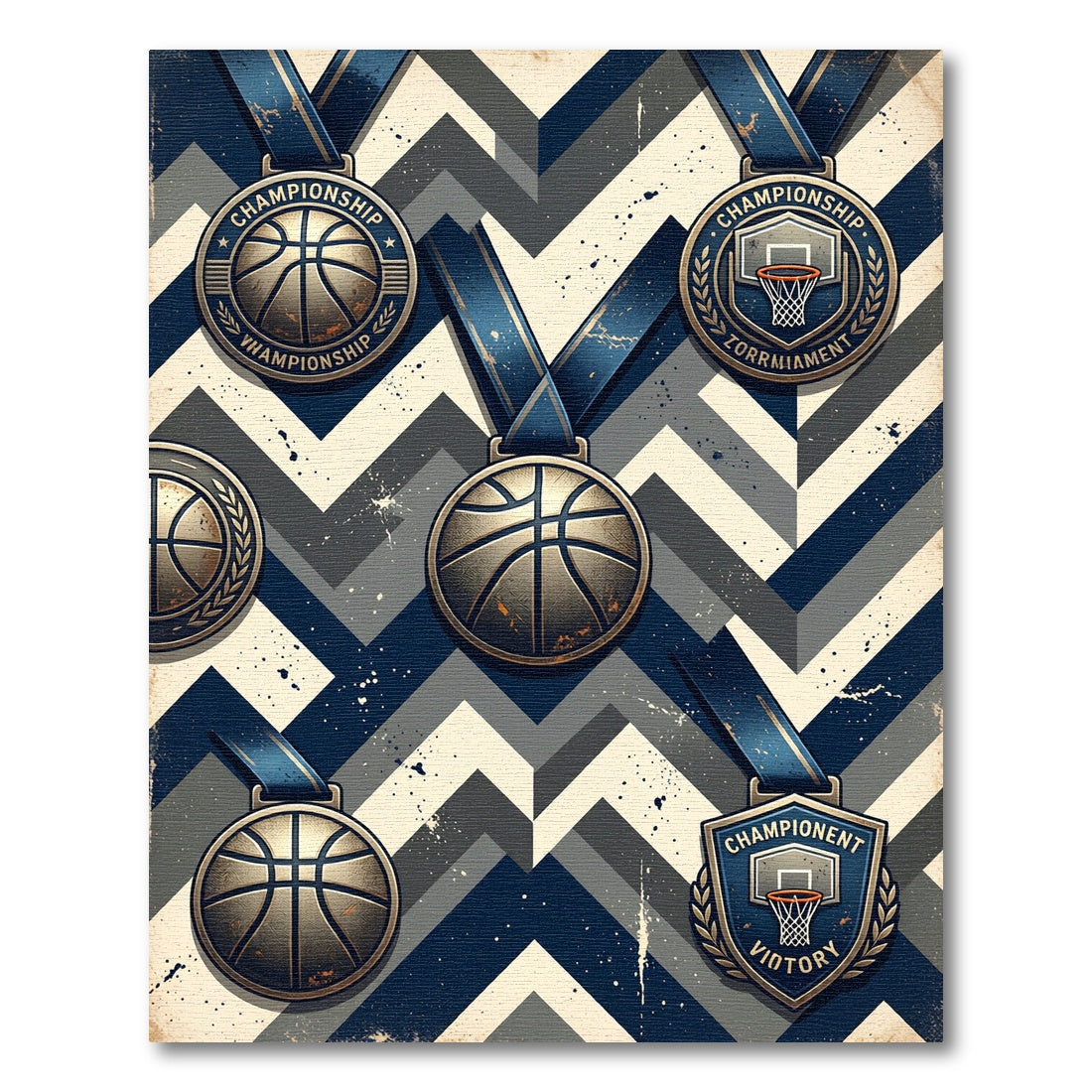 Vintage Basketball Championship Navy Chevron Rug