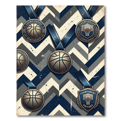 Vintage Basketball Championship Navy Chevron Rug