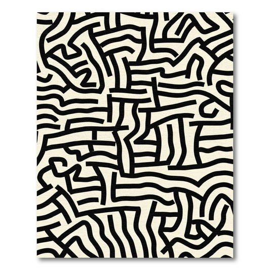 Black Cream Abstract Labyrinth Lines Rug