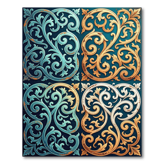 Ornate Teal Gold White Swirls Rug