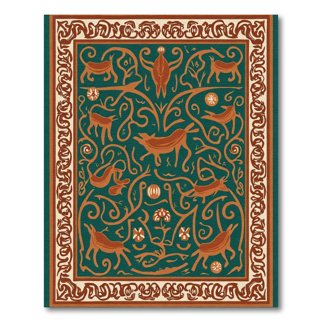 Teal Orange Folk Animal Woodland Rug