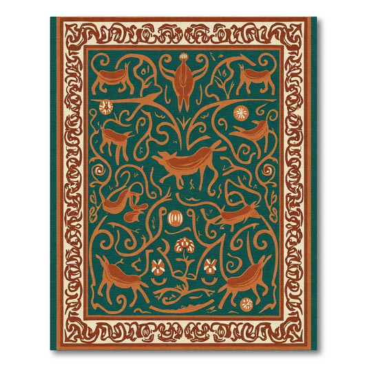 Teal Orange Folk Animal Woodland Rug