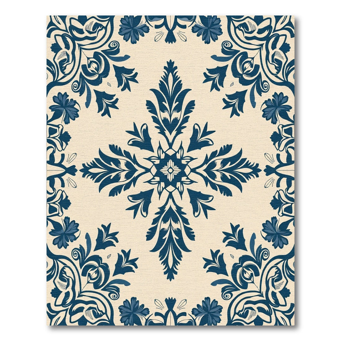 Dark Blue Floral Damask Medallion Rug