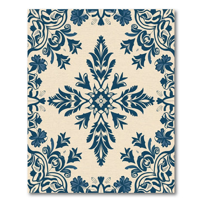 Dark Blue Floral Damask Medallion Rug