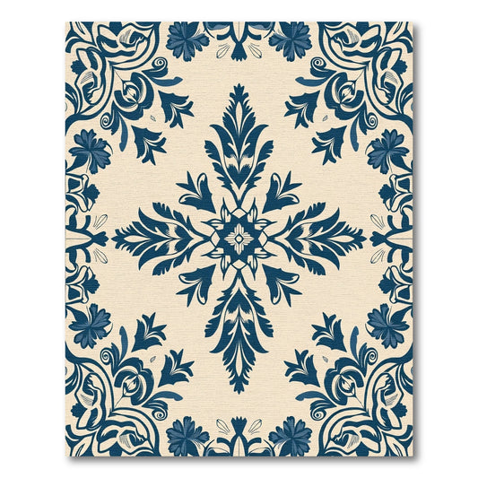 Dark Blue Floral Damask Medallion Rug