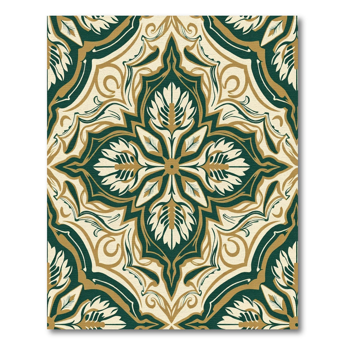 Dark Green Gold Cream Floral Mandala Rug