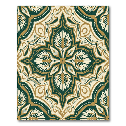 Dark Green Gold Cream Floral Mandala Rug