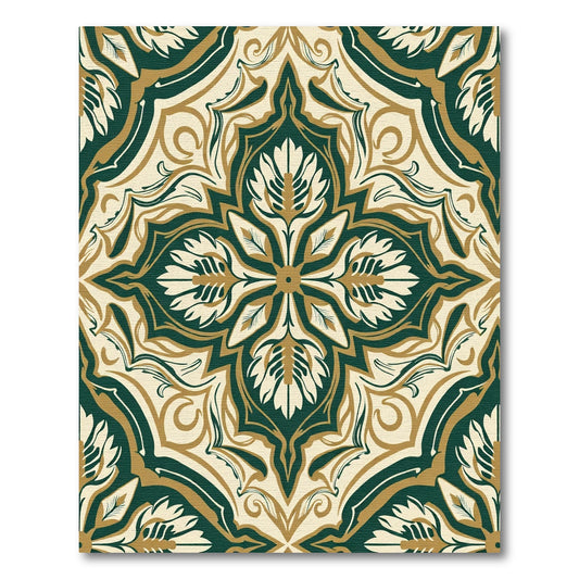 Dark Green Gold Cream Floral Mandala Rug