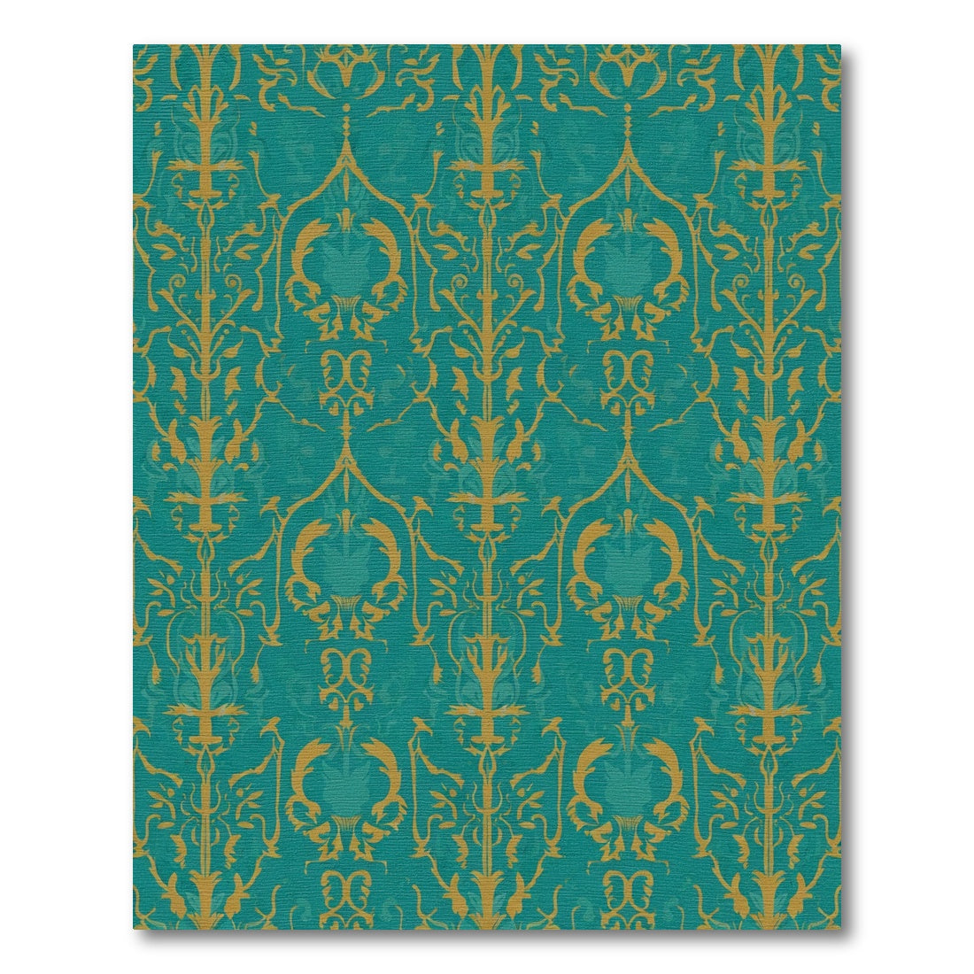 Gold Teal Damask Scrollwork Rug