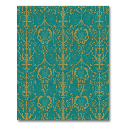 Gold Teal Damask Scrollwork Rug