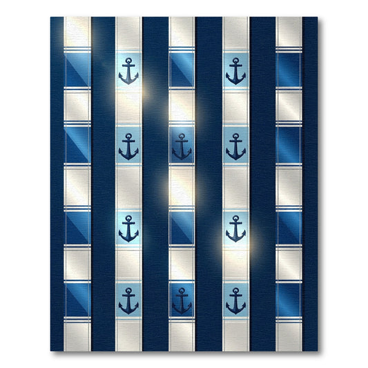 Navy Striped Nautical Anchor Rug