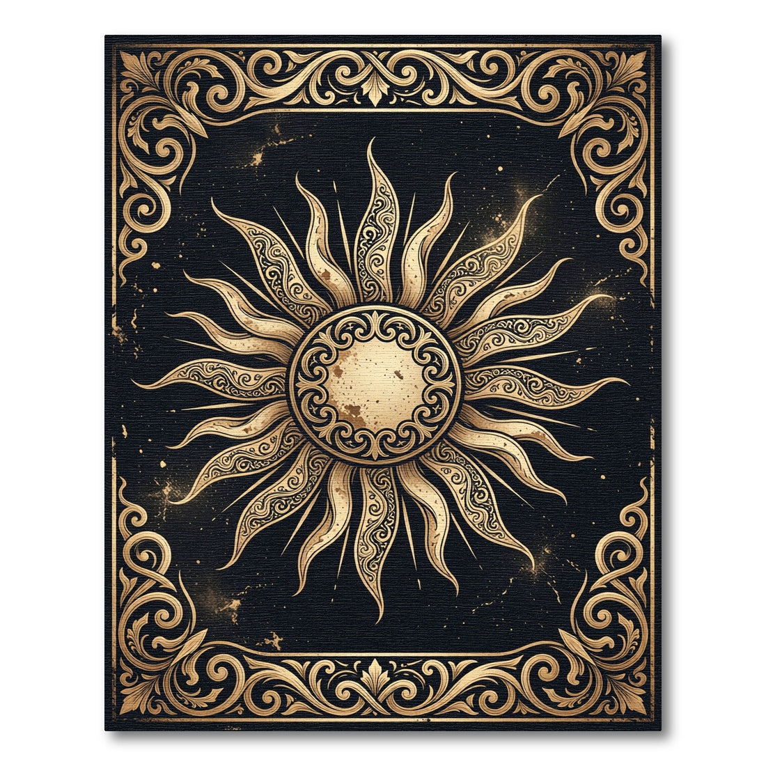 Ornate Celestial Sun Gold Black Rug