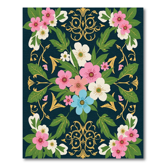 Pink White Blue Floral Gold Scroll Rug