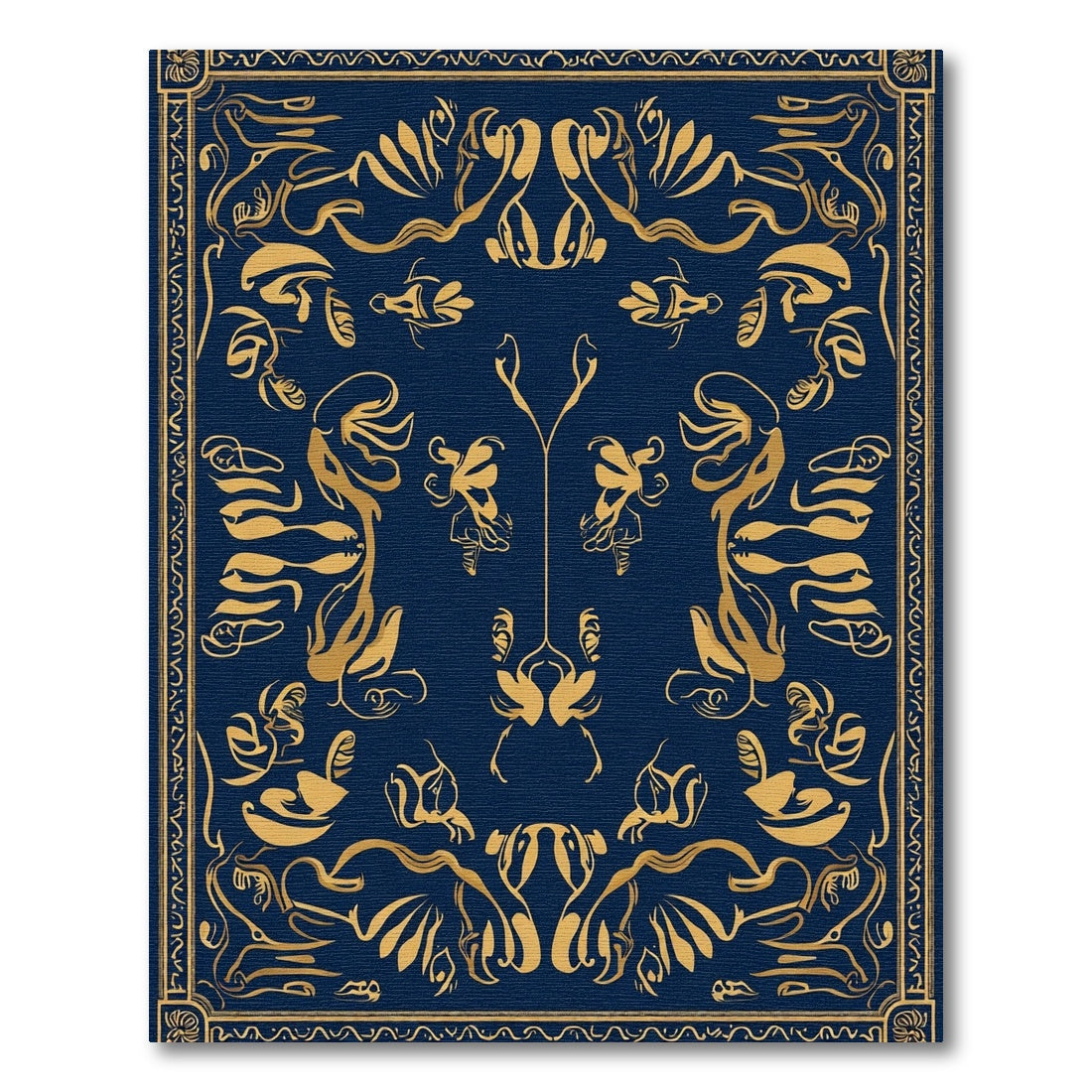 Deep Blue Golden Abstract Floral Border Rug
