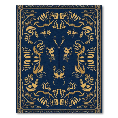 Deep Blue Golden Abstract Floral Border Rug