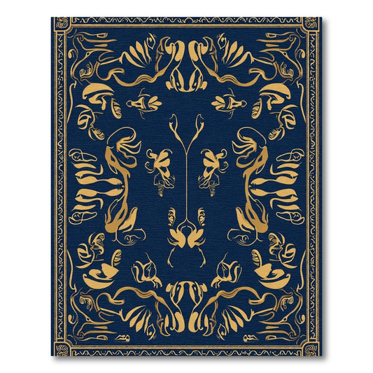 Deep Blue Golden Abstract Floral Border Rug