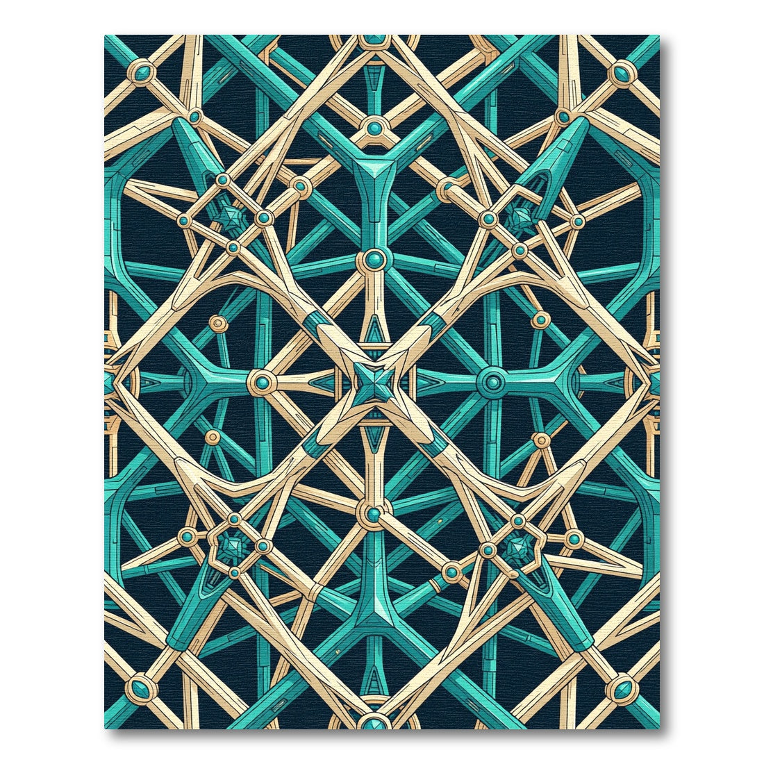 Geometric Teal and Gold Interlocking Structure Rug