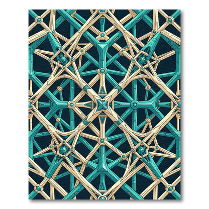 Geometric Teal and Gold Interlocking Structure Rug