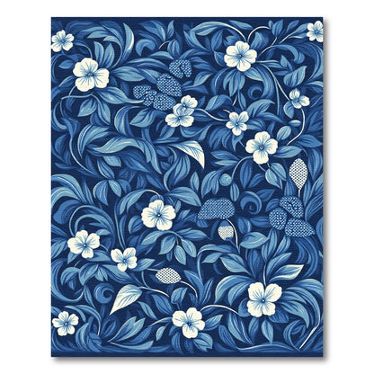 Deep Blue White Floral Foliage Medley Rug