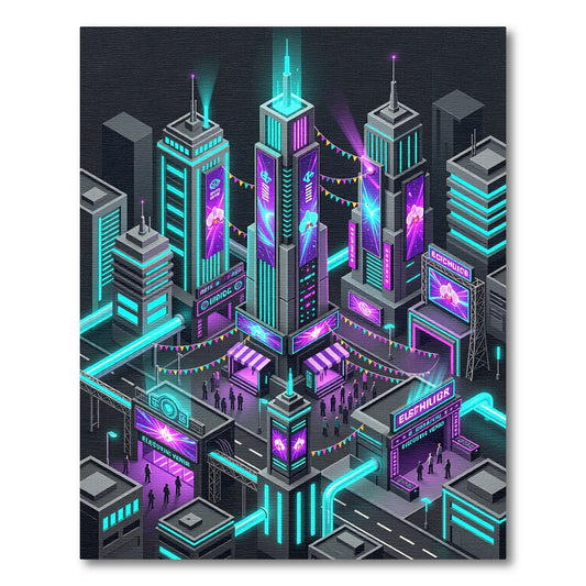 Neon Cyberpunk Orchid Cityscape Grid Rug