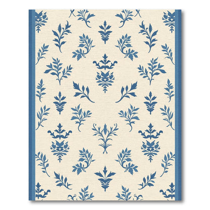 Blue Leafy Damask Scroll Cream Rug
