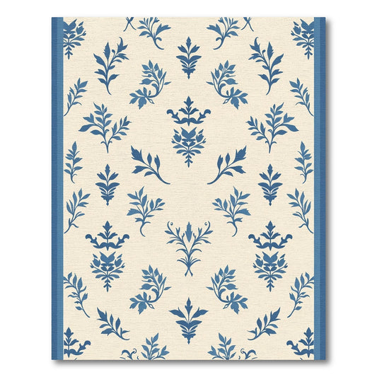 Blue Leafy Damask Scroll Cream Rug