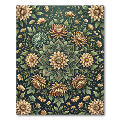 Sage Green Golden Chrysanthemum Floral Medallion Rug