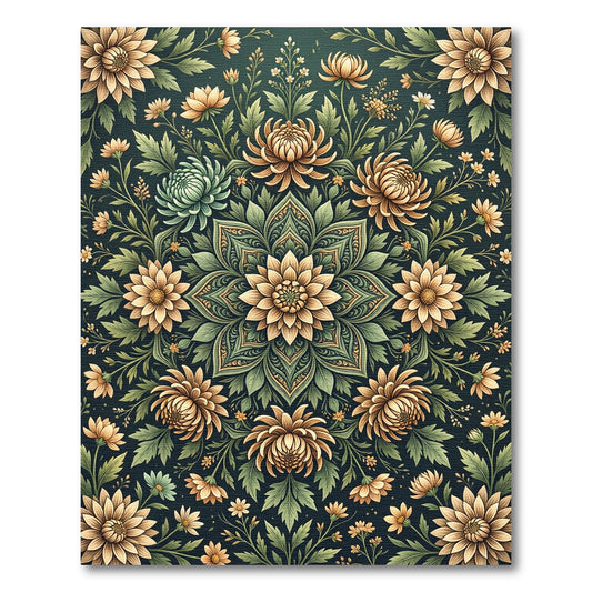 Sage Green Golden Chrysanthemum Floral Medallion Rug